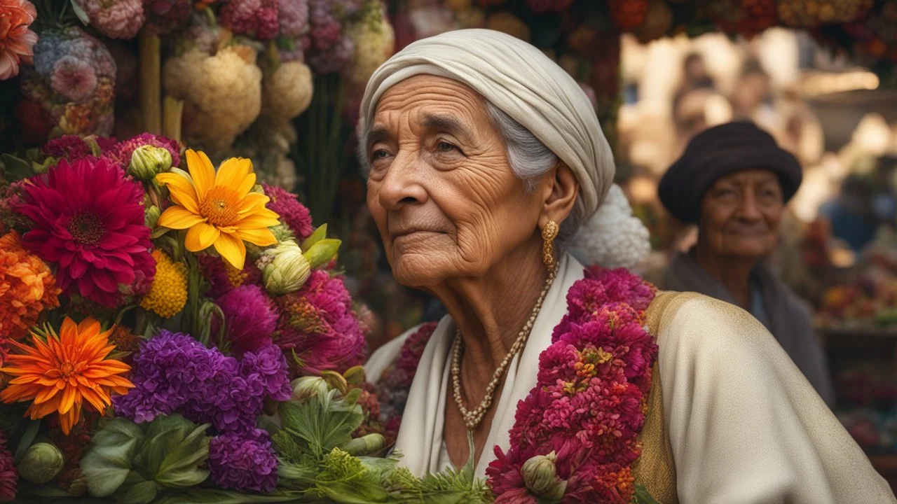 elderly female market trader selling all kinds of exotic flowers, showing his head and upper body, perfect eyes, perfect anatomy, exquisite composition, beautiful detailed intricate detailed octane render, 8k artistic photography, photorealistic, soft natural volumetric cinematic perfect light, chiaroscuro, award-winning photograph, masterpiece, raphael, caravaggio, bouguereau