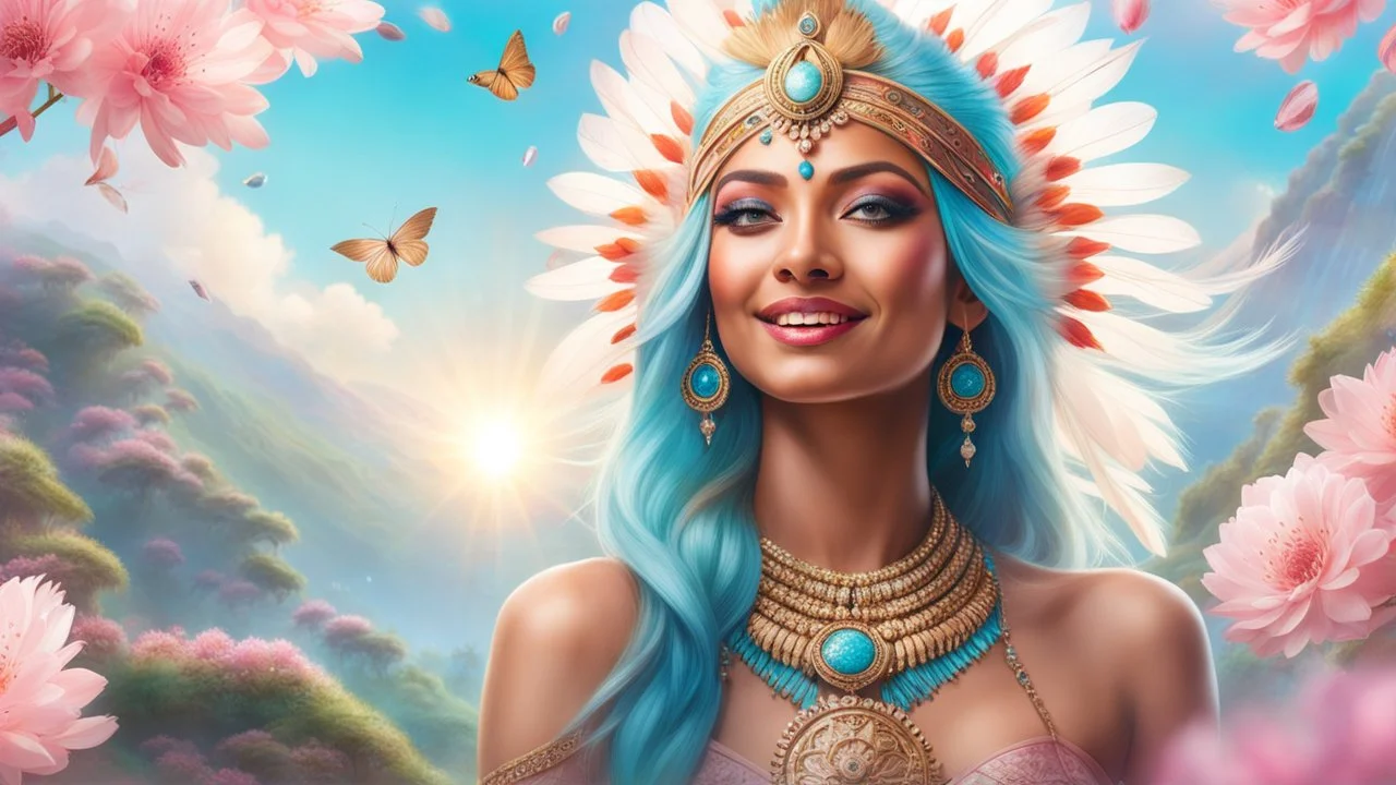 Photo realistic portrait of a gorgeous smiling skinny native indian goddess with a golden dark shining skin, long smooth clear turquoise blue and pink white hair, blue eyes, in a sci-fi outfit with luminous strikes blowing a kiss in a hill of flowers with sakura trees, a waterfall, a crystal palace, loads of mini flowers, moss, sun rays through the branches, particles in the air at spring. Intricated details,