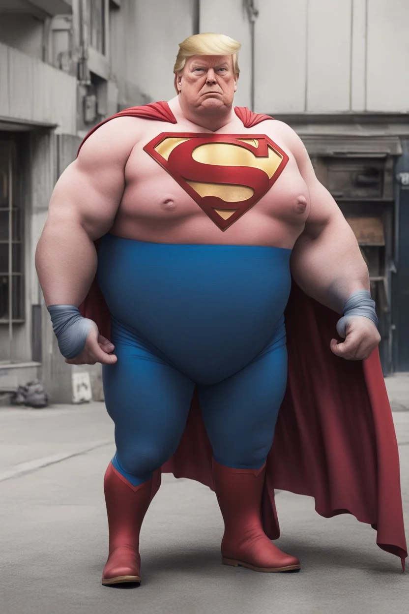 morbidly obese superman with donald trump's head and his fat hanging out of his shirt