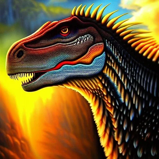 ultra detailed fullbody Portrait in oil on canvas of Dinosaur and rider, Sandara Tang , extremely detailed digital painting,intrincate, extremely detailed face,crystal clear Big Glowing eyes, mystical colors , perfectly centered image, perfect composition, rim light, beautiful lighting, 8k, stunning scene,extremely sharp detail, finely tuned detail, ultra high definition raytracing, in the style of robert e howard and pablo oliveira and Ken Kelley and Ohrai Noriyoshi and Simon Bisley and tomzj1