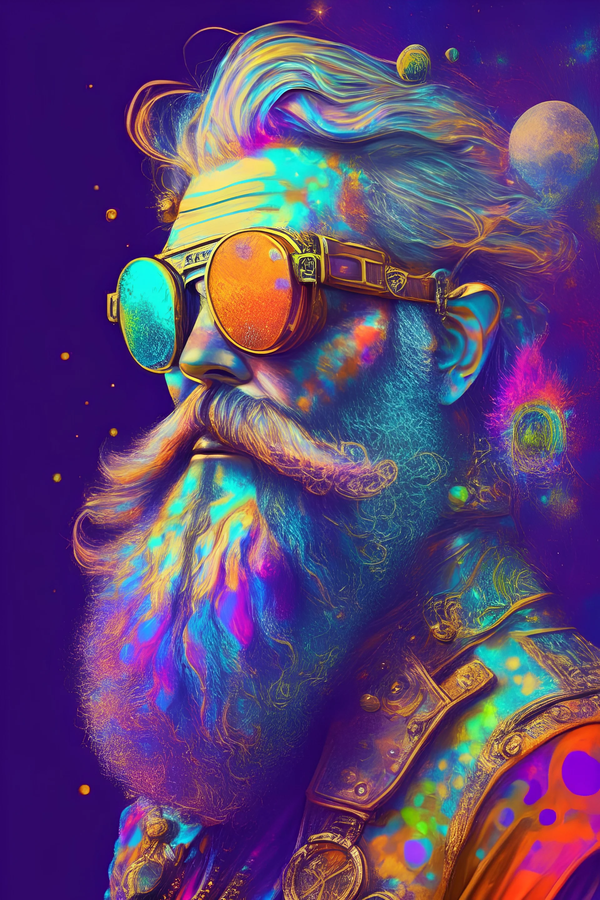 cosmic short beard man with sunglasses of colors in a psychedelic and steampunk enviroment