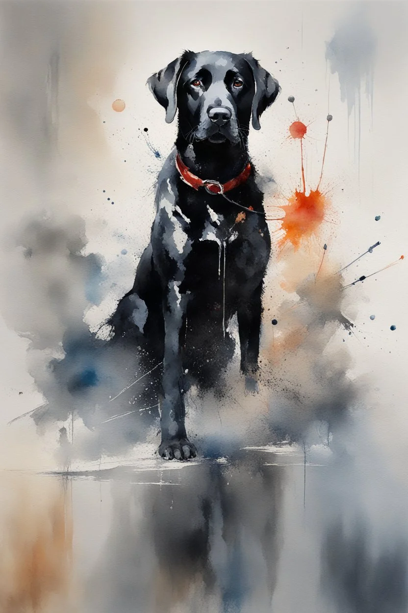 A portrait of black Labrador by Willem Haenraets, watercolor, wet on wet and splattering techniques, centered, perfect composition, abstraction, surrealism