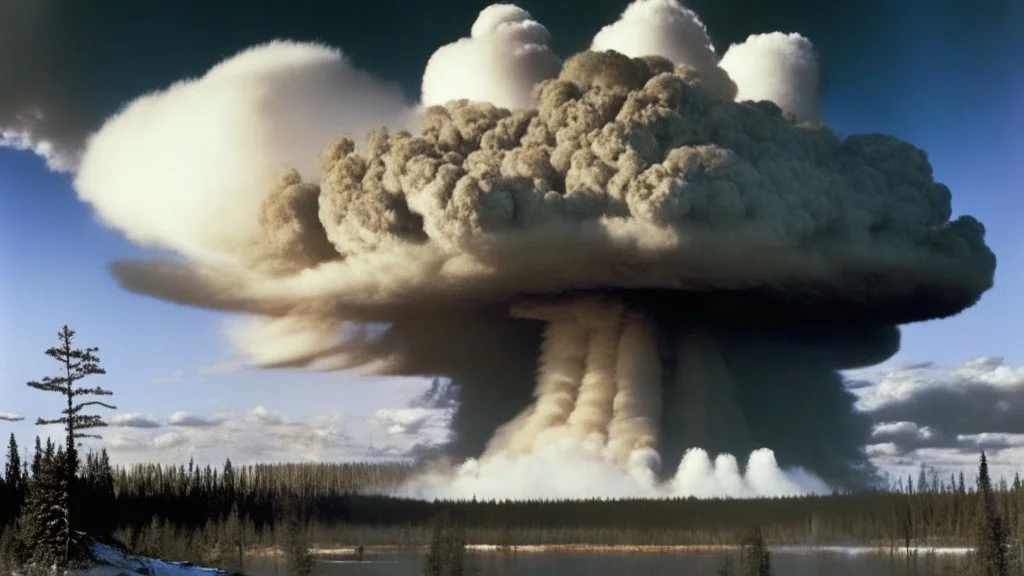 Siberia scenery,taiga forest, consisting of tall trees and dense vegetation, a mushroom-shaped cloud rises into the sky. The cloud is depicted as a massive column of smoke, dust, and debris, ascending vertically and spreading out at the top, forming a distinctive mushroom-like shape, a barren and desolate scene, with charred remnants of trees scattered across the scorched earth, high resolution photo 24K, high quality, ultraHD, cinematic lighting,