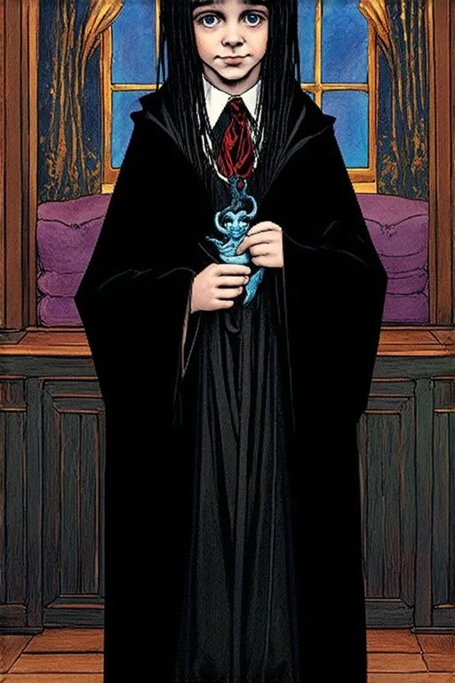 7 year old boy, necromancer, friendly,wearing black robes, with the lower body of a genie, in the style of Harry Clarke