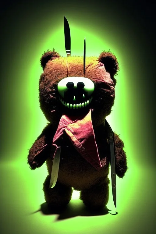 A maniacally laughing psycho evil teddy bear holding a knife, his one eyeball (made of a button and thread) hangs down his furry face, creepy, nightmarish, scary and surreal, the background is a bloody hallway erupted with bright neon green flames, animatronic, cartoonist, absurdist, exaggerated, character design, horror cut v.I, horror art, five nights at Freddy, similar art to chucky, garbage art, graphic novel illustration style, videogame art, post modern cartoon, trending on artstation, Ka