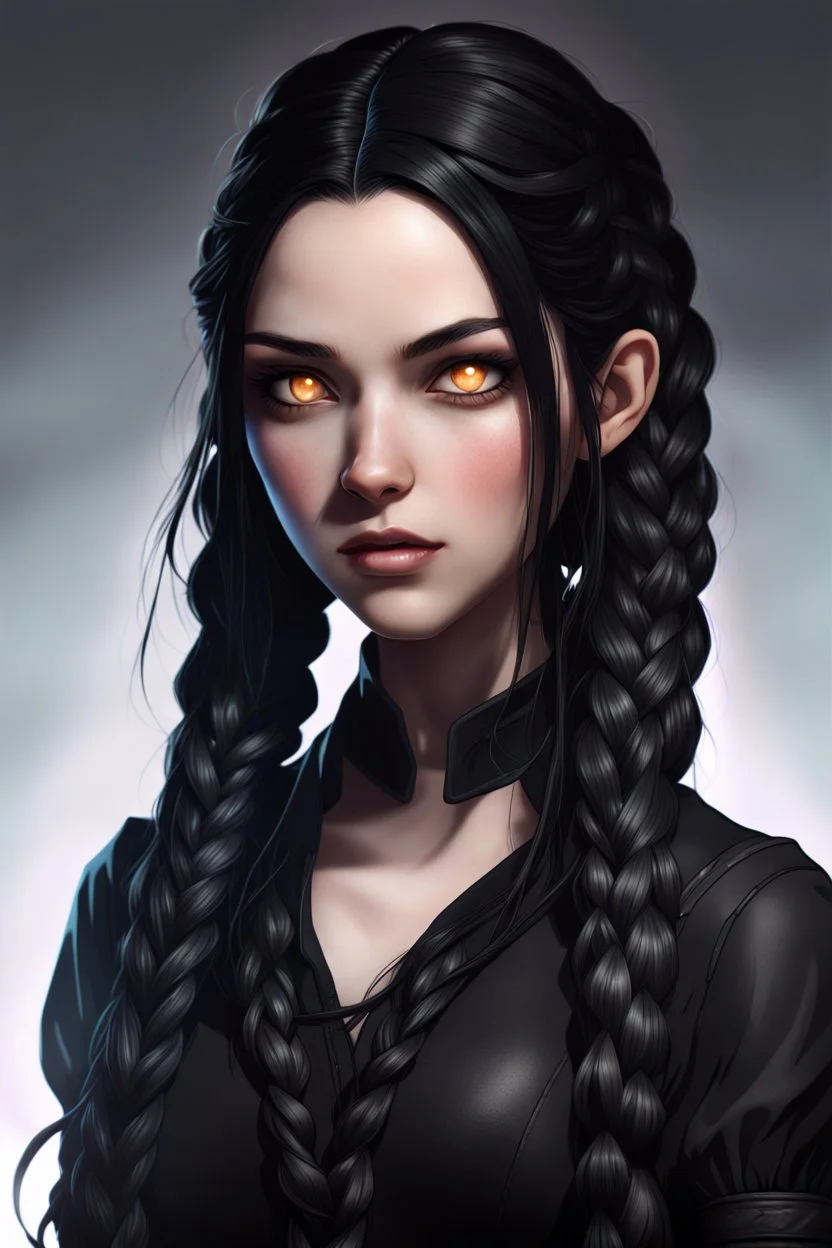 Young beautiful female Hexblood character . Bright glowing pale eyes. Long, thick, silky jet-black hair reaching her waist, with a center part and two loose Dutch braids starting at her temples, flowing into the rest of her straight hair. A few soft strands frame her face.