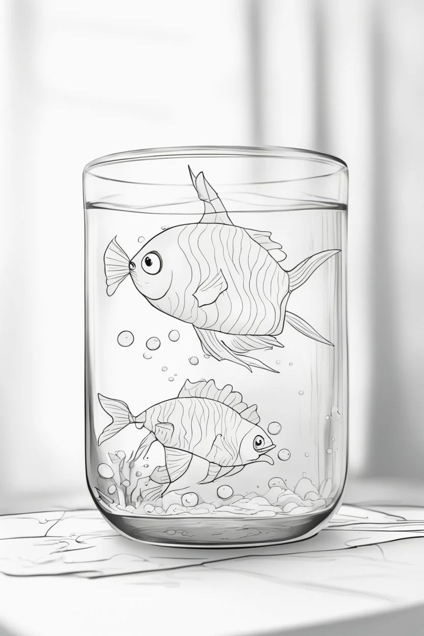 blank colouring book, white blank background, simple picture for toddlers, fish in a glass bowl, disney and pixar style