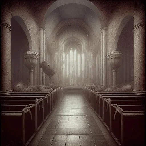 on old church interior full of people, scary, steam punk, realistic, made in octane, cinematic, ultra-realistic, extremely detailed octane rendering, 8K, VRAY Super Real ar 2:3, dof photorealistic futuristic 50mm lens hard lighting dark gray tintype photograph, realistic lighting, sepia color