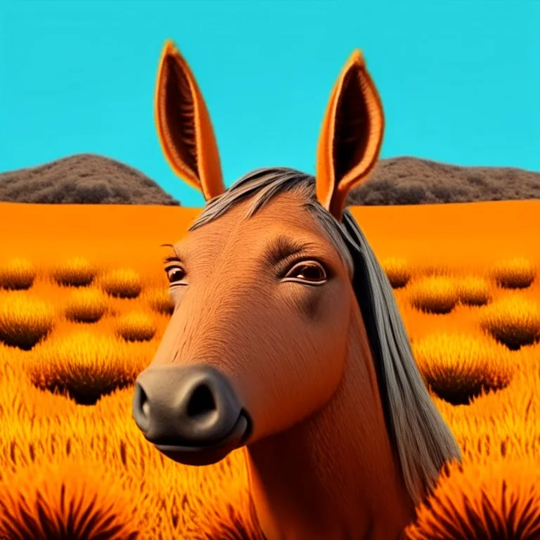 Convertir foto en caricatura grotesca conservando la misma imágen, de pie en prado, añadir orejas de burro grandes, no cambiar la cara, cuerpo completo, hiperdetallado obra de arte, arte gráfica 2d colores contrastantes, fondo naranja degradado coherente, 4k