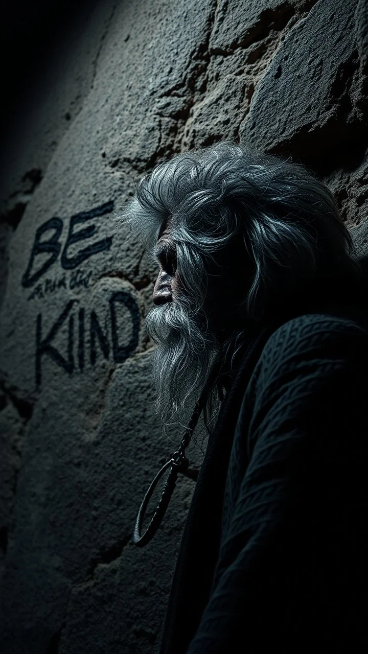 A hand writing On cave wall written “BE KIND “an old man with bear and king hair died by the cave wall , a dim lighting great quality picture with primitive style