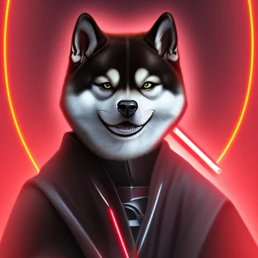 darth shiba inu sith lord with a red light saber glowing