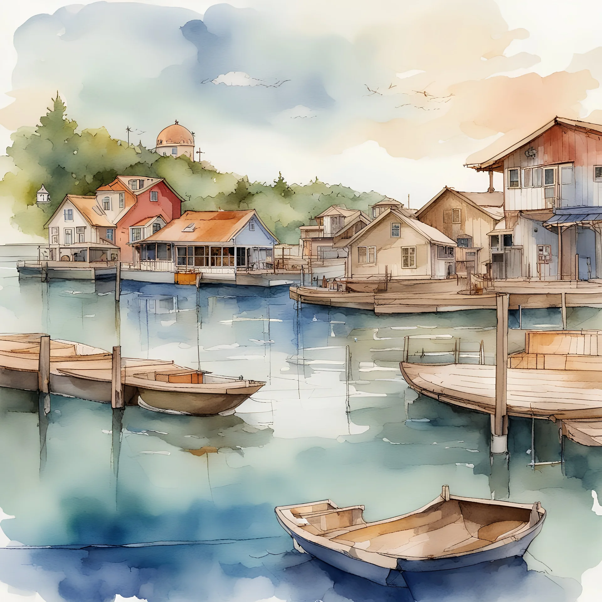 Digitaldavinci,Watercolor and ink- harbor with small boats, docks, kids fishing off a pier, and beach houses