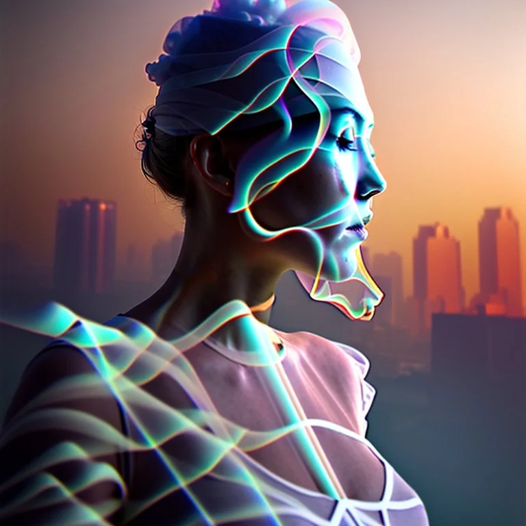 smoke plume, smog, city scape with pollution, woman, double exposure photography, colourful nature, clean sharp focus, on white background, Fractal Geometry buildings, sacred geometry