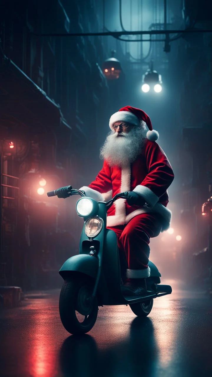 Si-Fi, Santa on a scooter atmospheric lighting effects, intricate industrial details, moody atmosphere, eerie grimdark ambiance, complex motherboard accents, speculative fiction art. Bokeh