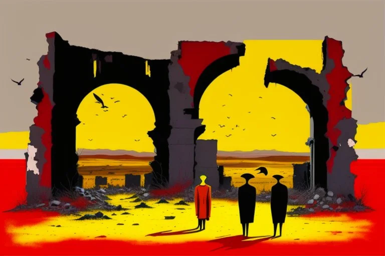 ong-legged surreal lean black-grey figures with beak-shaped heads in overcoat, profile, semi-silhouettes among ramshackle ruins in a barren landscape of red, yellow, black and beige colors, intricate acrylic painting