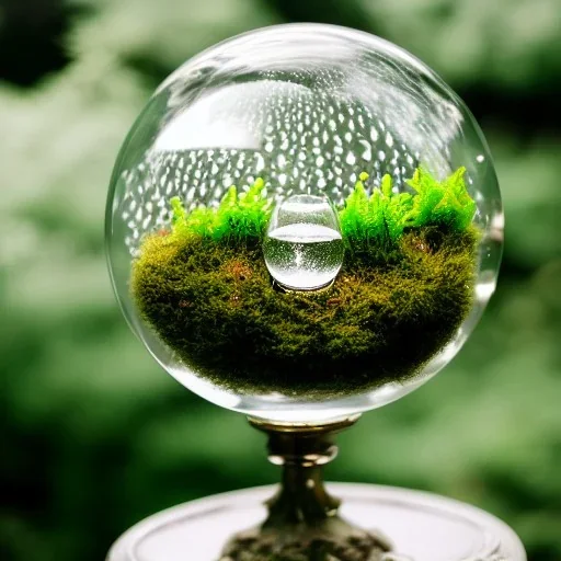 cinematic shot of flowers and ferns inside a crystal mesh ball, dewdrops, moss, crystal, luxurious, bell jar