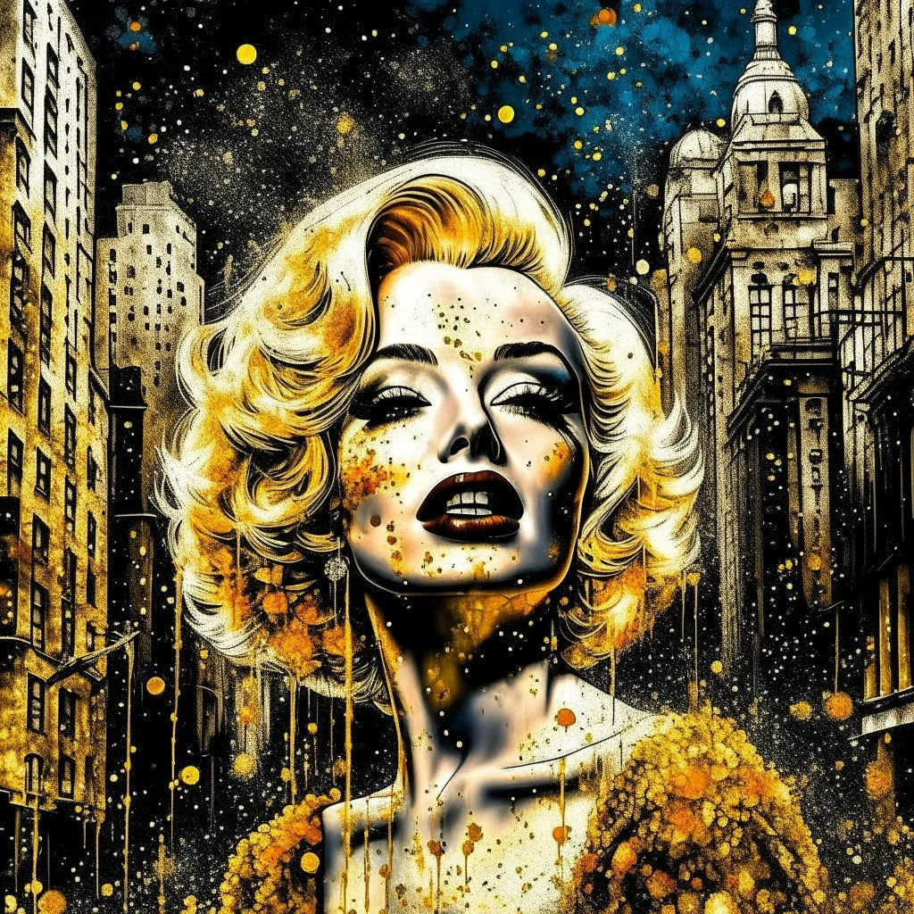 Adobe prompt 80s airbrush poster of Marilyn Monroe in New York City, glitter and gold, in the style of artist Mark Riddick, colourful, hyper-realistic, detailed, vibrant, cityscape background, highly