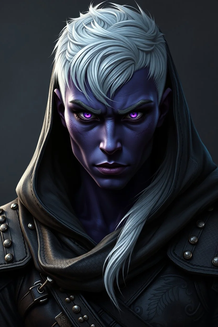 ancient warriors skin is of a very dark purple almost black, white short hair, undercut, piercing violet eyes, wearing leather clothing that also looks studded, realistic, digital art, high resolution, strong lighting, wearing a hood