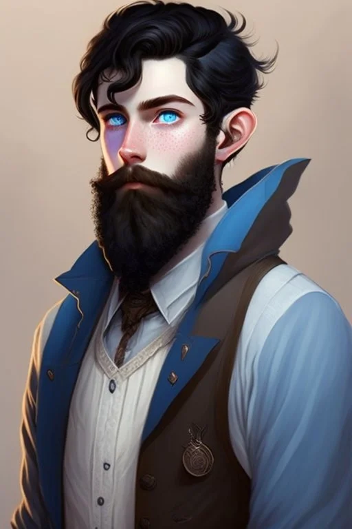 Black haired blue eyed freckled young male wizard in the style of aubrey beardsle