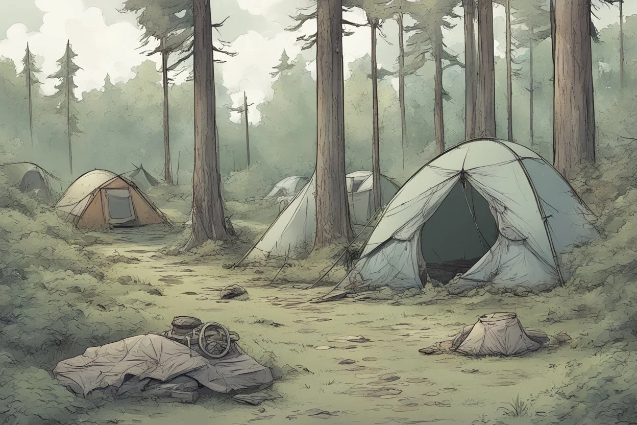 campsite, tents, overgrown, post-apocalyptic, comic book, forest
