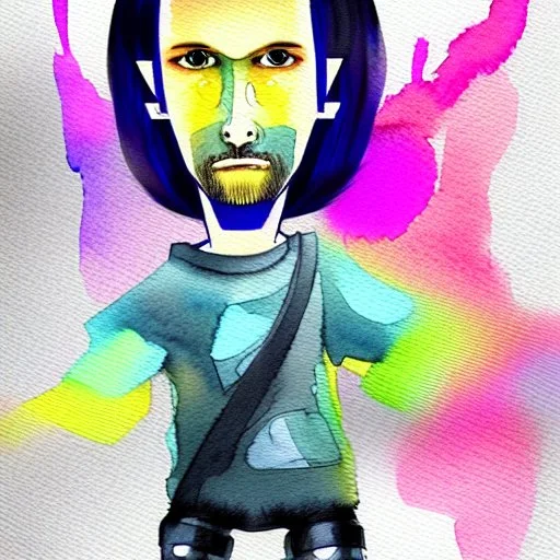 Male cypebpunk character connected to AI exploring other AI - Watercolour and Watercolour Painted Style - Jenny Rainey Style