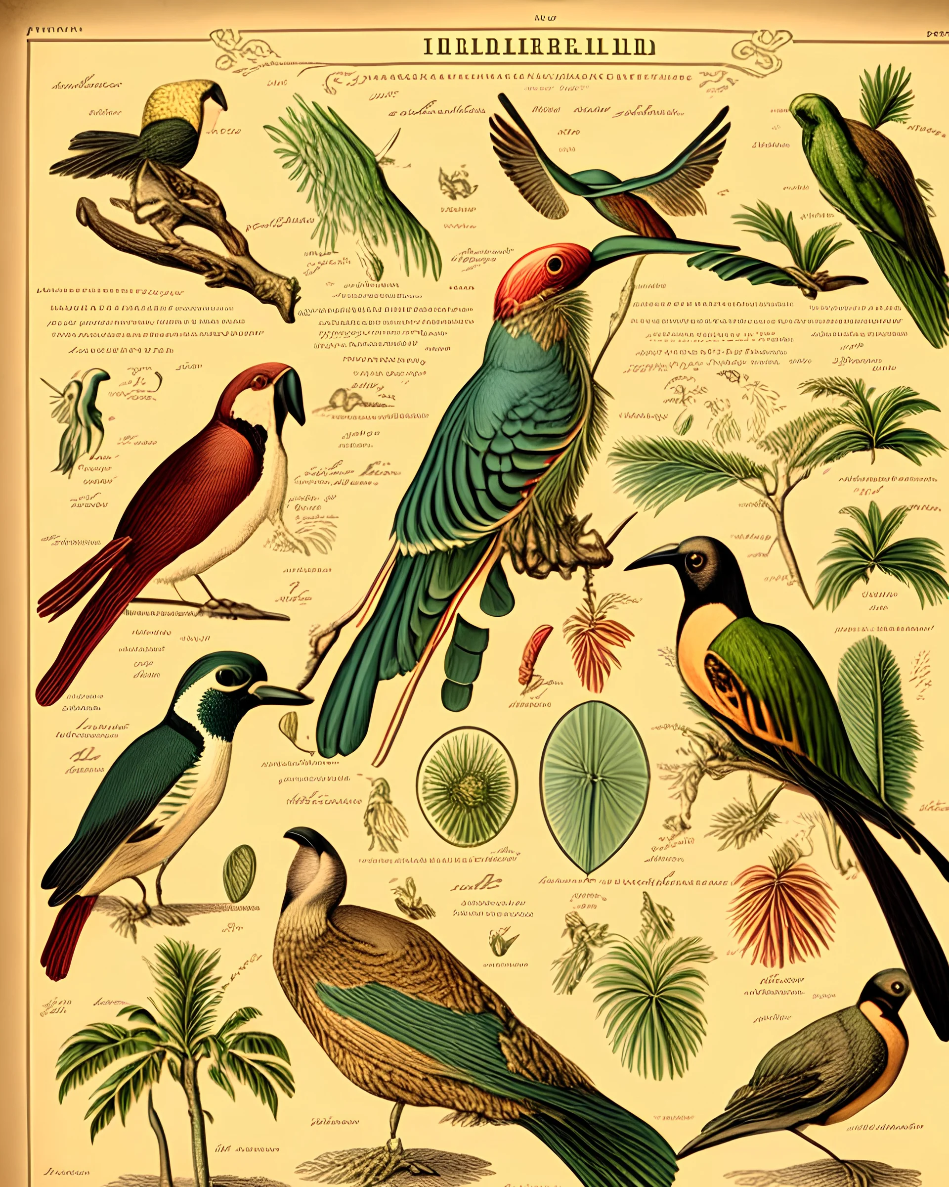 an accurate instructional chart featuring various types of tropical birds in the style of Millot, Haeckel and a vintage encylcopedia color copperplate illustration