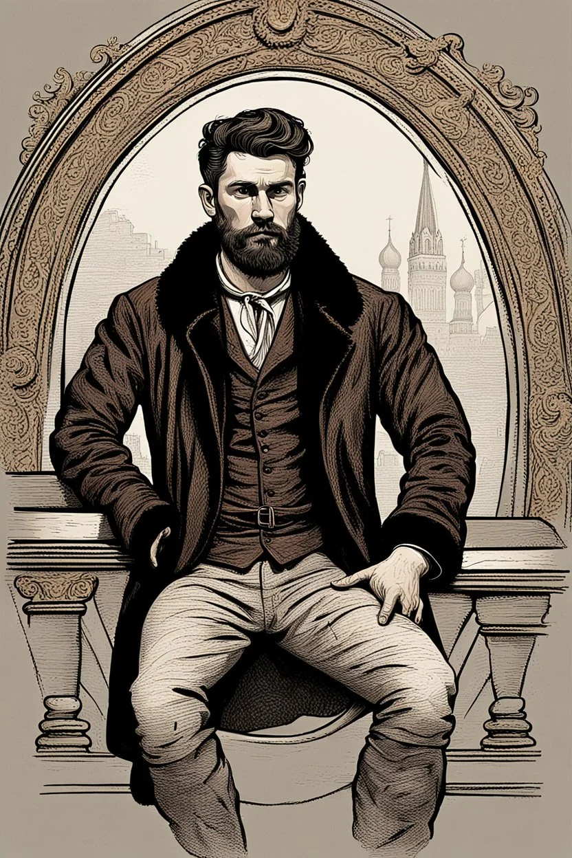 young man in mid 20's, medieval, fighter, russian, croocked nose, czar, rich, simple clothes, short messy hair, thick beard, oligarch, leather coat with fur, brocade clothes, pencil drawing, black or red hair, muscles, background frame