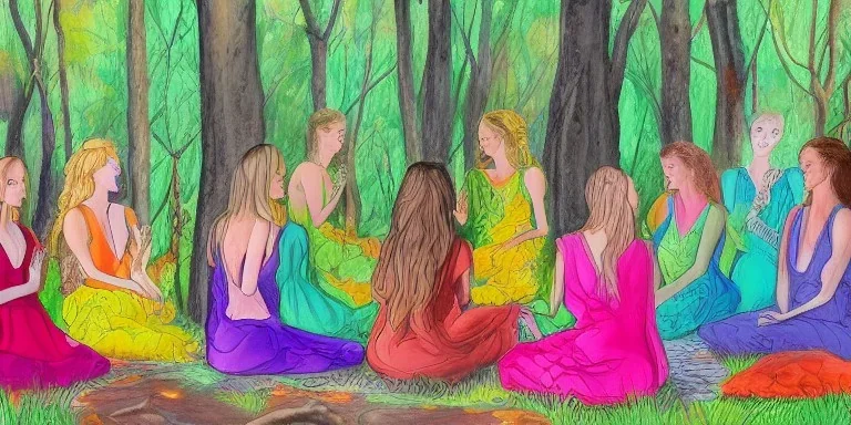 group of beautiful ladies in colour of the rainbow dresses meditating in an enchanted forest with a spring like chalice well, candles in the trees, crystals around, insense burning, super realistic, high detail