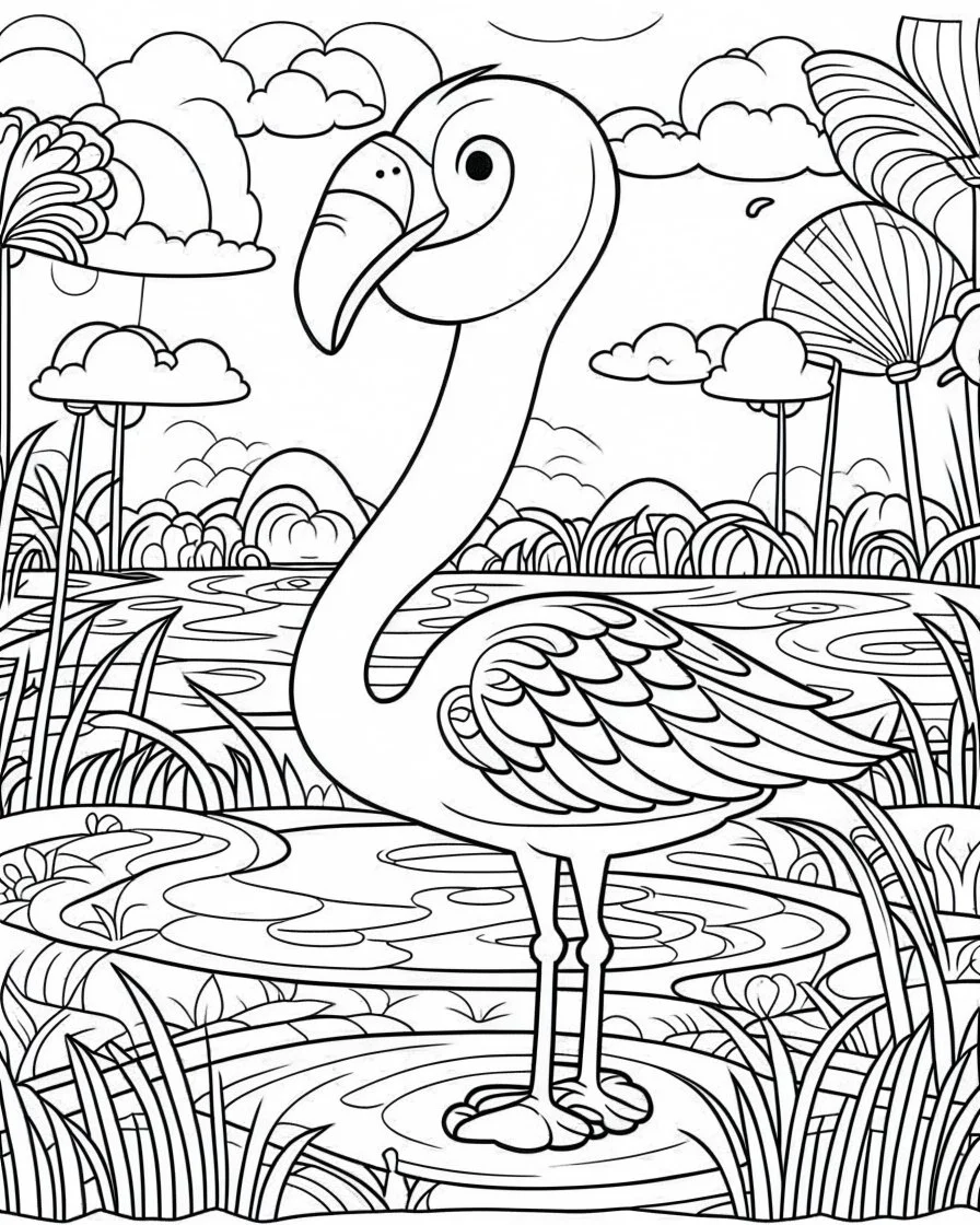 create a 2d black outline, "safari smiling cartoon flamingo coloring book for toddlers", coloring page, low details design, black contour, coloring page design, simple background, colorful , card style, coloring page for kids, white background, sketch style, safari landscape, cartoon style