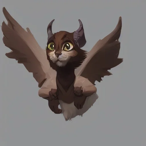 A little cute friendly cat looking gargoyle with goat horns and wings Nick Harris style