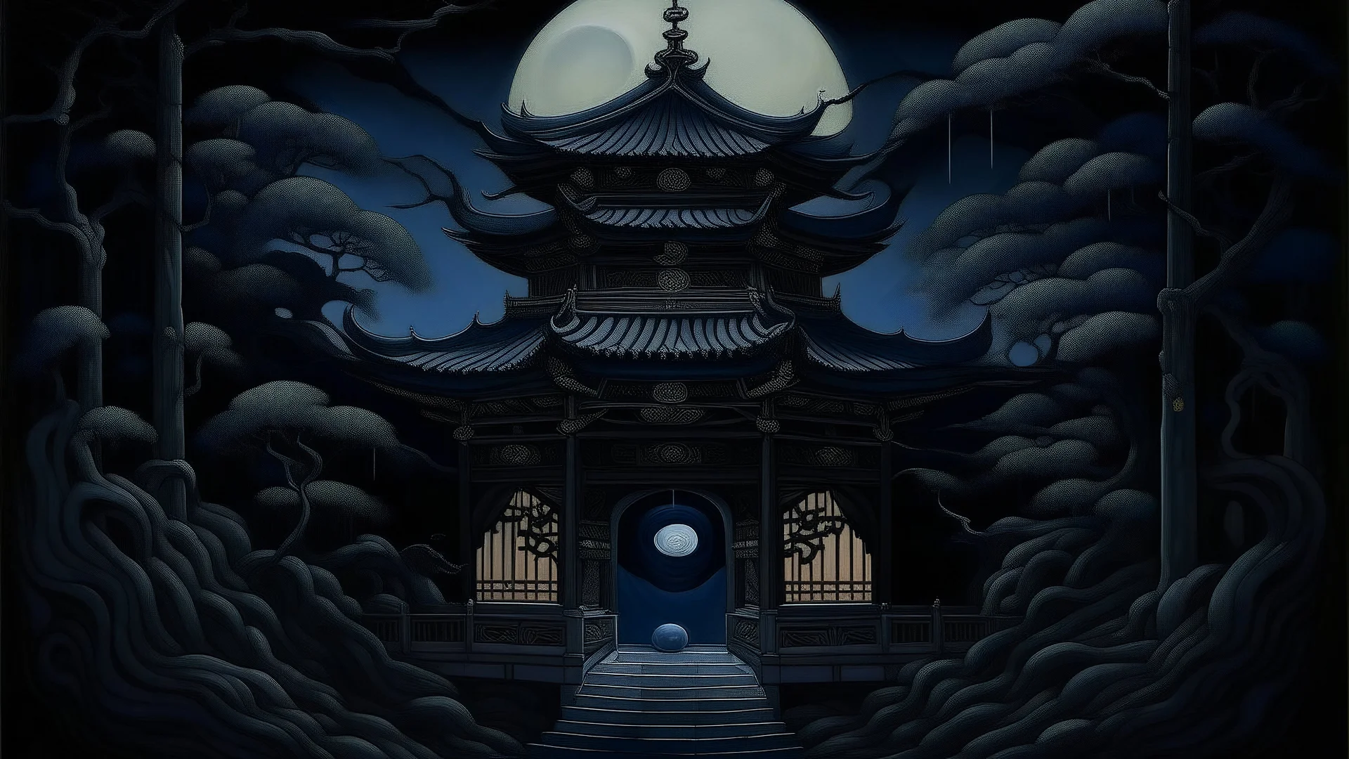 A dark bluish black shadowy temple with a moon squid painted by Hashimoto Gaho