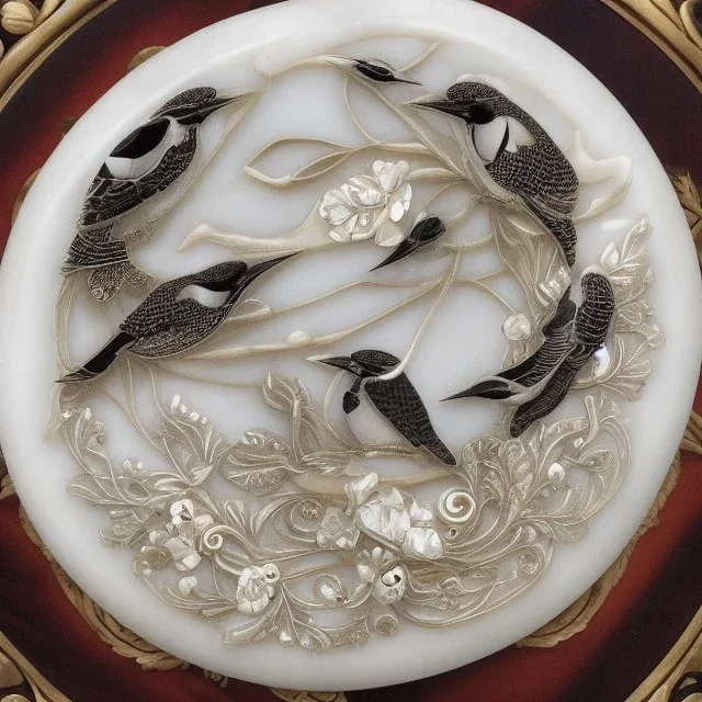 coaster of kingfisher ivory brooch with black pearl inlay, opalescent marble carving, decorative design, classical ornament, highly ornate, highly intricate, highly detailed etching, marble carving, warm lighting, linen backdrop