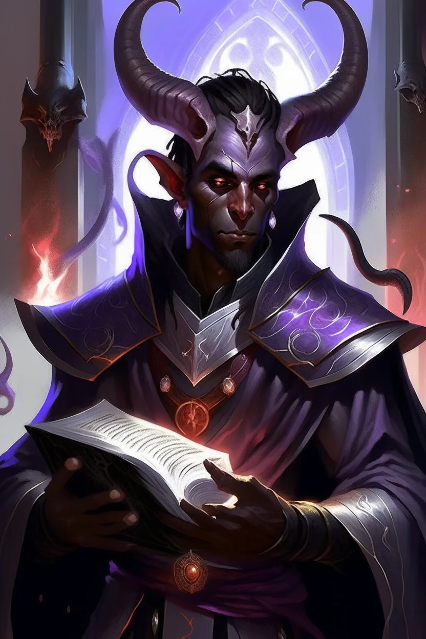 En Young male black skin black hair tiefling Wizard with large horns glowing Purple symbols Everywhere on his body. a book with Arcane Magic floating in front of him. He's wearing silver and White Rope and a silver cloak. His horn a perfectly place on acet from the front to the back pointing upwards with glowing Red cat Eyes. His close is elegant get simple. Casting and ice spell