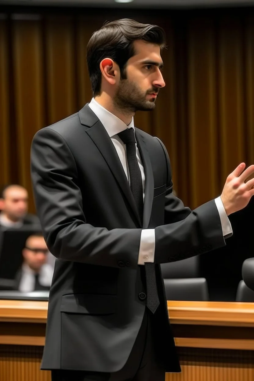 A person wearing a formal suit pleads before a court