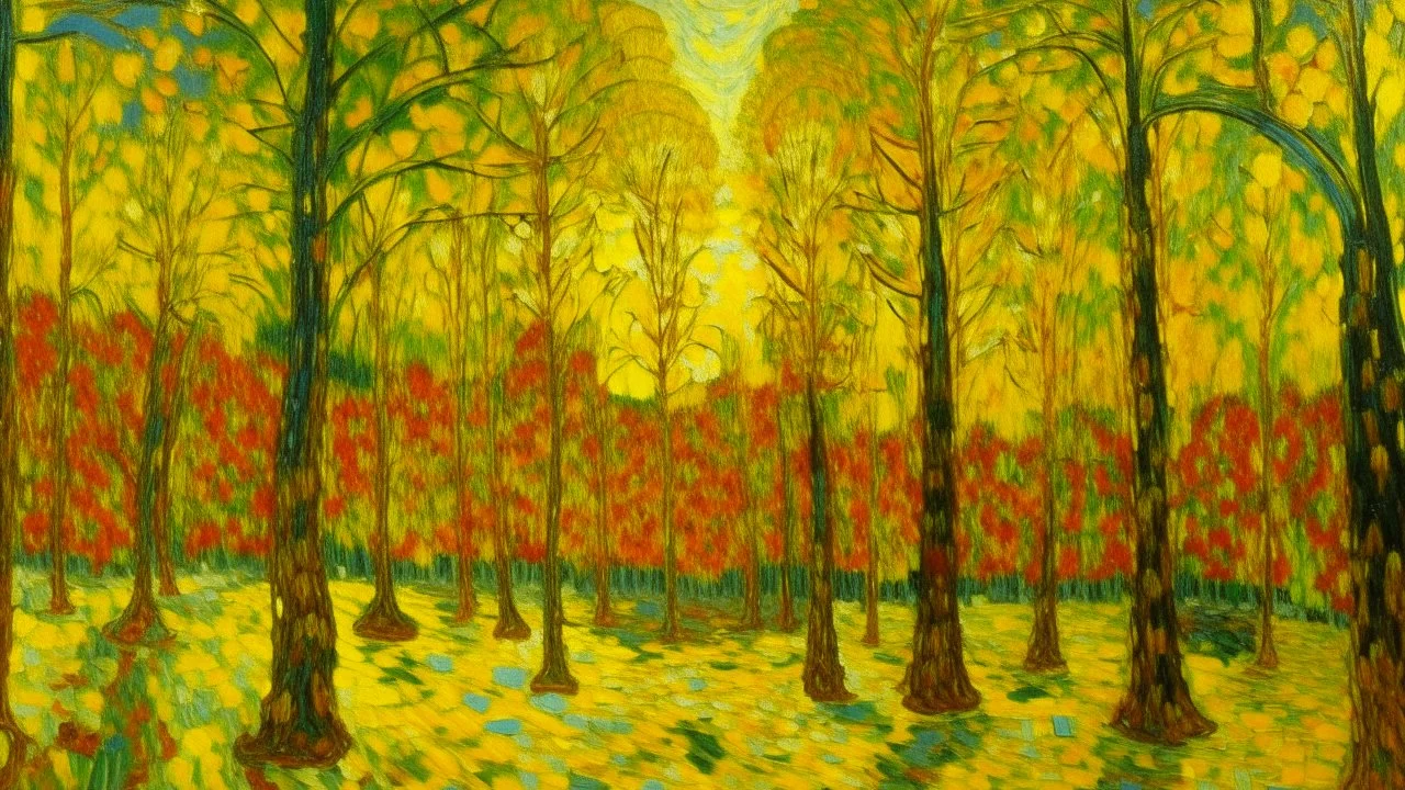 A yellow forest in a realm of light painted by Vincent van Gogh