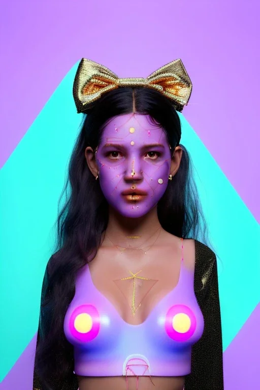 Ultra Realistic image, Rosalía artist, portrait, normal complexion, portrait, two bows with chopsticks hair , black eye long line, sweet face, t-shirt with holes, inflatable open coat, gold pink and blue style, spray line glow make up, big geometric led jewelry, fog, hot, inflatable style latex coat, vibrant color, highly detailed, art stations, concept art, smooth, unreal engine 5, god rays, ray tracing, RTX, lumen lighting, ultra detail, volumetric lighting, 3d, finely drawn, high definitio