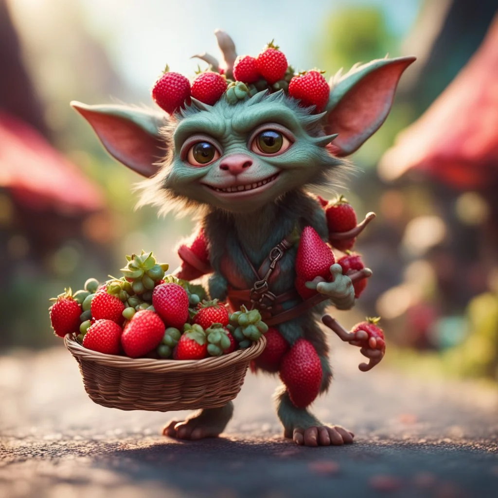 hairy groove funk ninja gremlin kobold strawberry beast hippie with long eyebrows holding a basket of berries,bokeh like f/0.8, tilt-shift lens 8k, high detail, smooth render, down-light, unreal engine