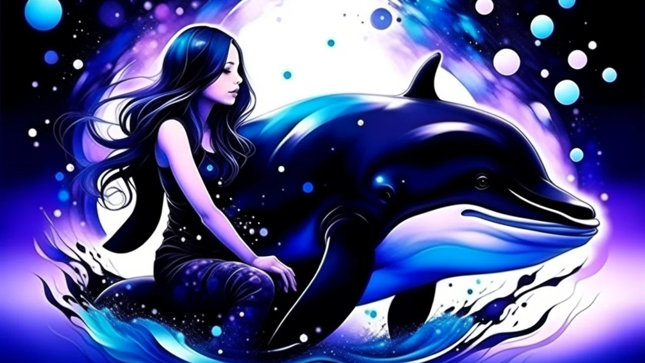 picture of pretty killer whale and girl on space background in violet color