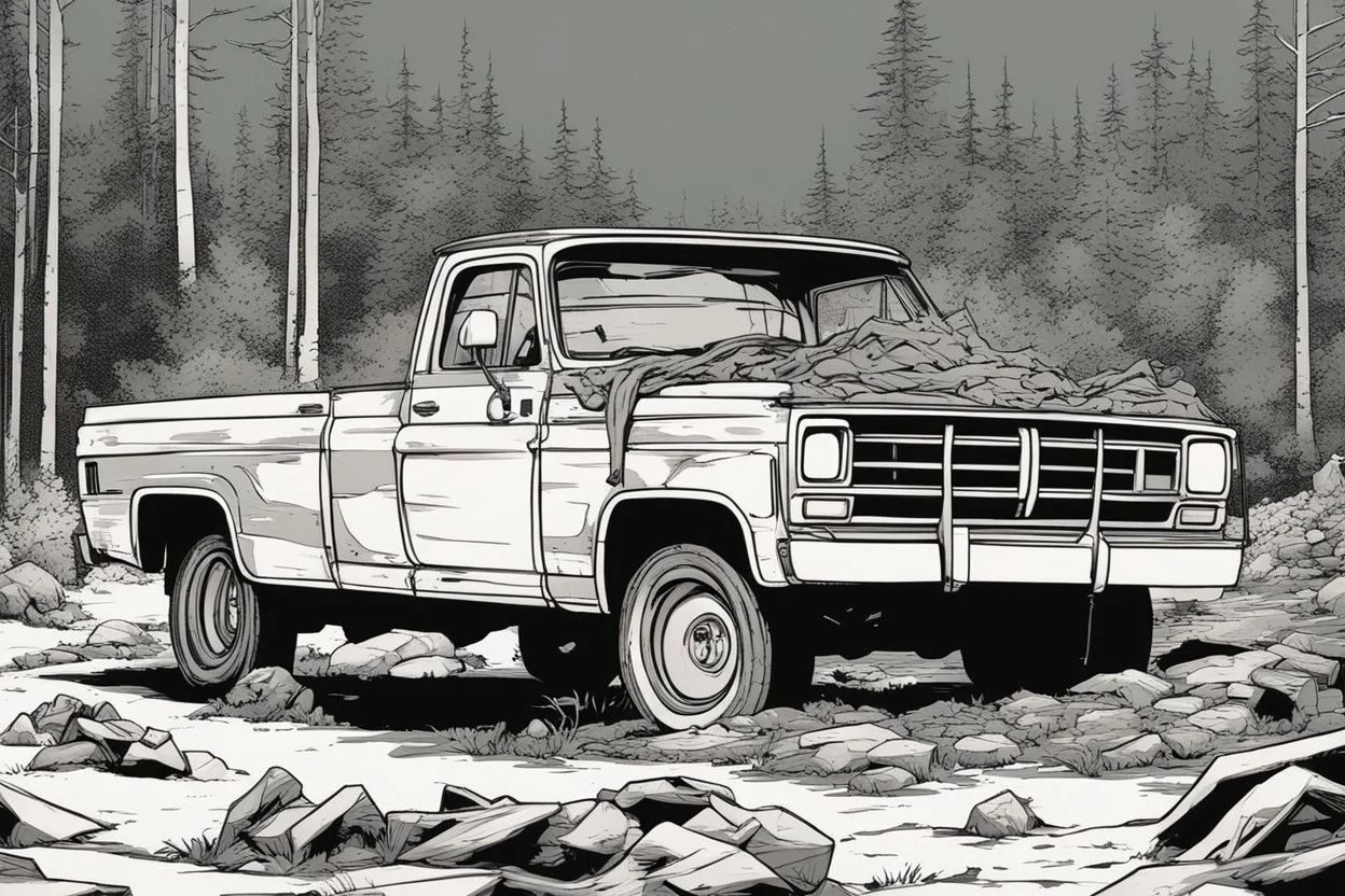 pickup truck, rear, forest, comic book,post-apocalypse, gray background, night time,