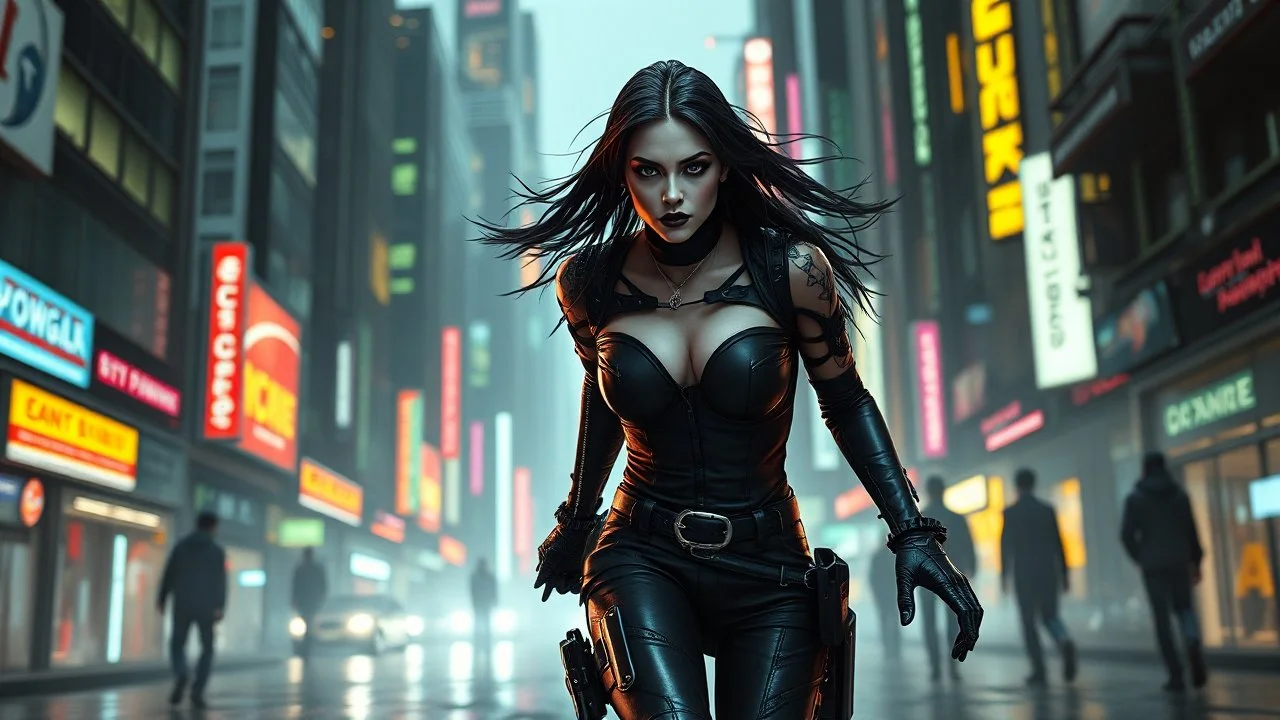 cyber-goth warrior woman in black makeup, black cyber-goth clothes runs in matrix city, utopistic scifi, dark colors, random matrix city background, high detailed, high realistic