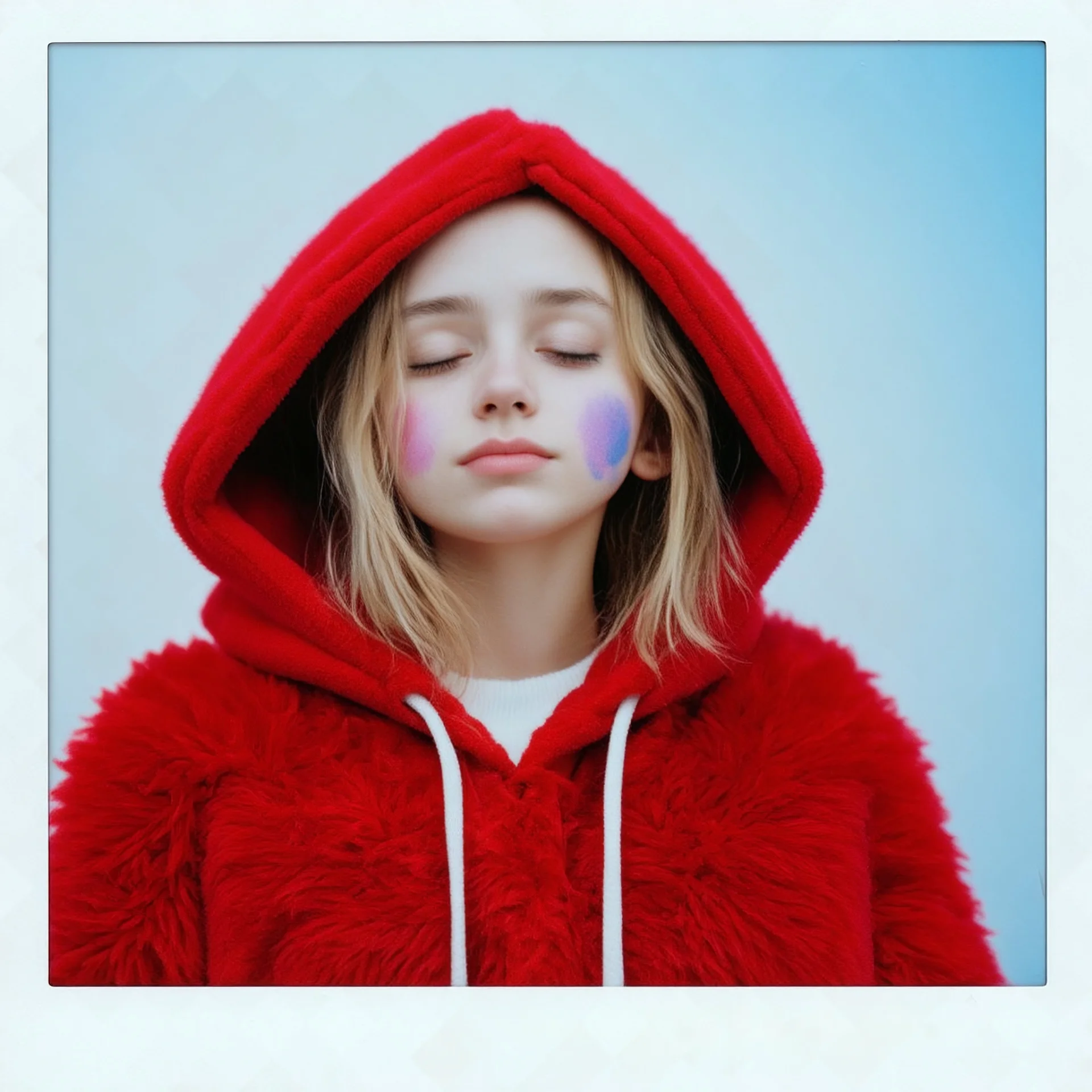Lily rosedepp,avec un long pull a capuche en angora rouge jusquaux, polaroid, elle a les yeux fermés et les joues bleues, crayons pasrel, des grains de beauté