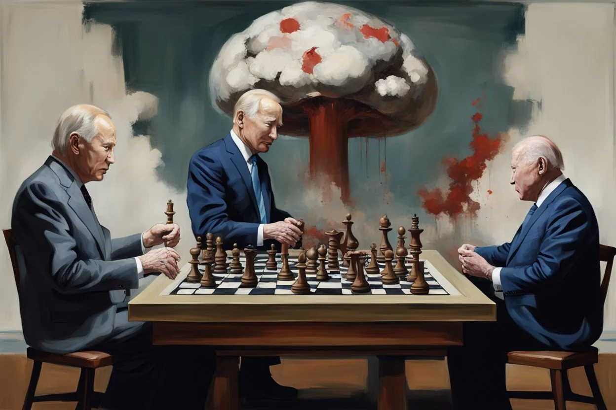 Putin, President Xi Of China And Joe Biden Play Chess With Atomic Bomb Mushroom Cloud,Complex Surgical Instruments Intermixed With A Newborn Boy,Minimalism,Painting By Adrian Ghenie,Rene Magritte,Pablo Picasso,Michelangelo,Salvador Dali,Lucian Freud