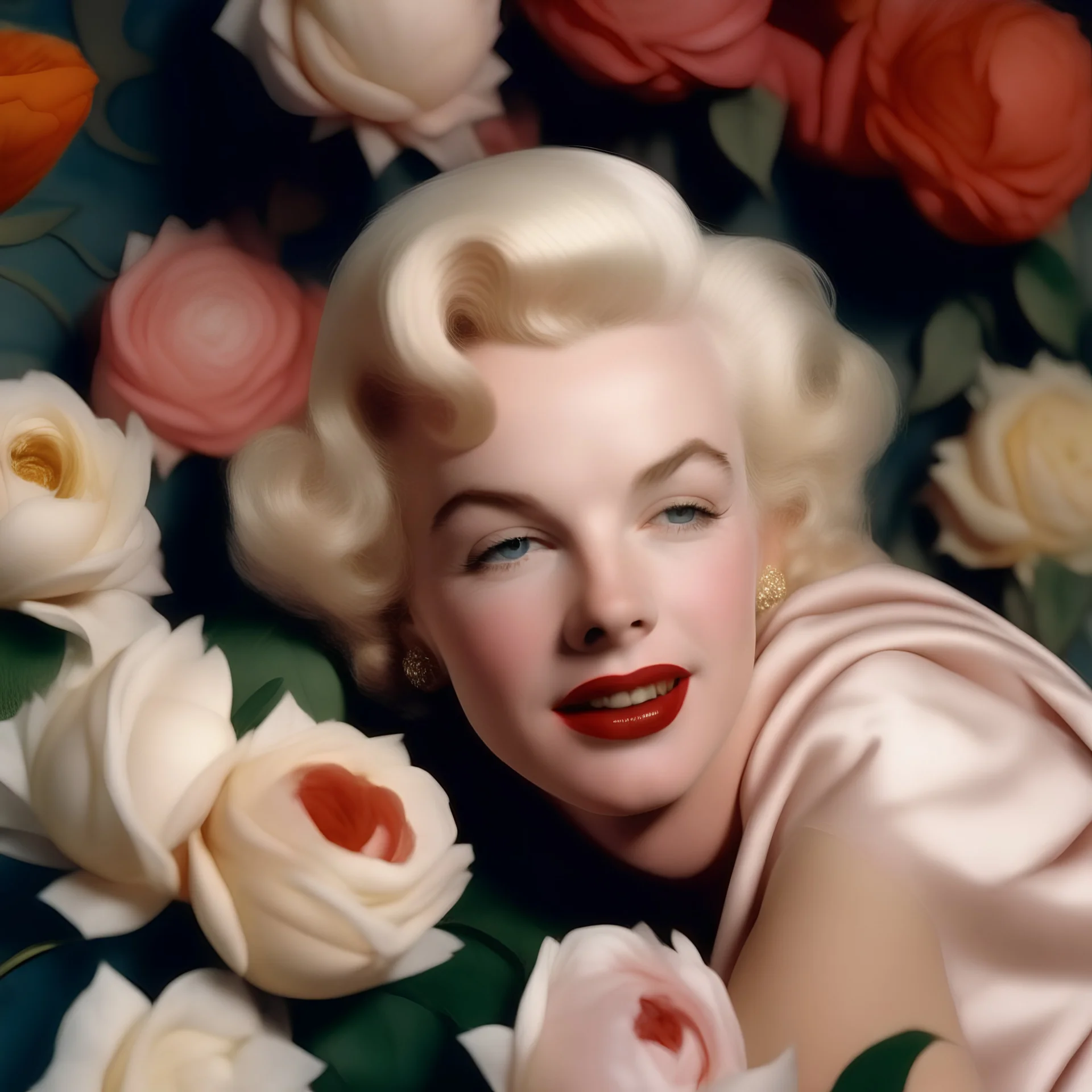 A photograph of childish and fresh marilyn monroe,with white hair, no make up, in the style of Cecil beaton, a white scarf around her shoulders, flowered wallpaper, a rose