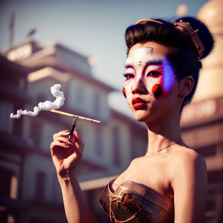 Ultra Realistic photo, medium shot view, geisha women, carnival scene, futuristic steampunk. hair monster, Drunken, Sunglasses, smoking, happy, hot. Cabaret background, highly detailed, concept art, unreal engine 5, ray tracing, RTX, lumen lighting, ultra detail, volumetric lighting, 3d, finely drawn, high definition, high resolution.