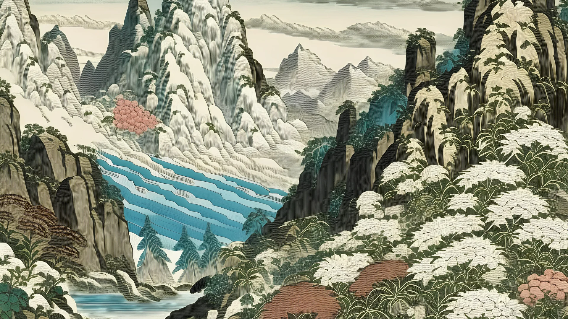 A glacier with flowers made out of snow painted by Utagawa Hiroshige