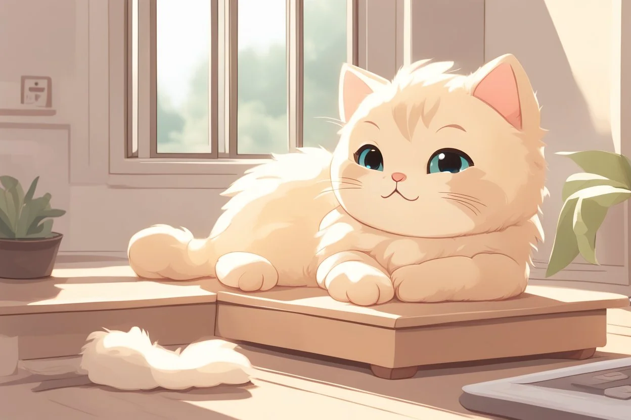 cute fluffy chibi beige cat measuring fever in a modern room in sunshine