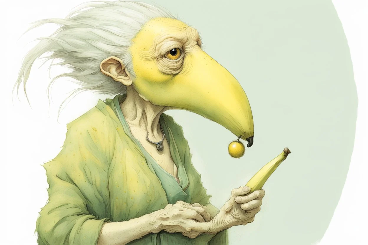 Artist Jean-Baptiste Monge style. A biomorph banana-headed old woman. White eyes. A yellow dotted green furry feathered fluffy dress.