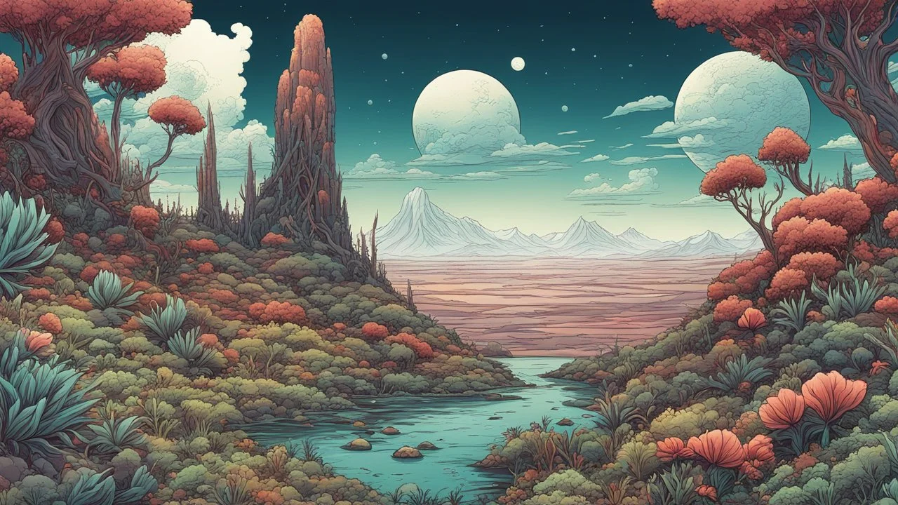 comic style, highly detailed ,gorgeous otherworldly landscape, otherworldly plants
