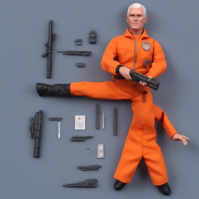 a large pile of face Mike Pence G.I. Joe toy Doll spaceforce uniform, orange blue fabric, pistol, wall packaging for sale, bright pricetag, finger, empty box