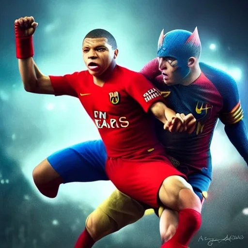 Insanely detailed portrait of mbappe fighting messi as superheroes:: perfect proportions :: by Artgerm, Greg Olsen, Pixar, WLOP :: hyperrealistic, hyper detailed, photorealistic :: a masterpiece, incredible composition, amazing depth, imposing, meticulously composed, 8k :: unreal engine :: Mappa studios :: detailed matte painting, deep color, fantastical, intricate detail, splash screen, complementary colors, fantasy concept art, 8k resolution trending on Artstation Unreal Engine